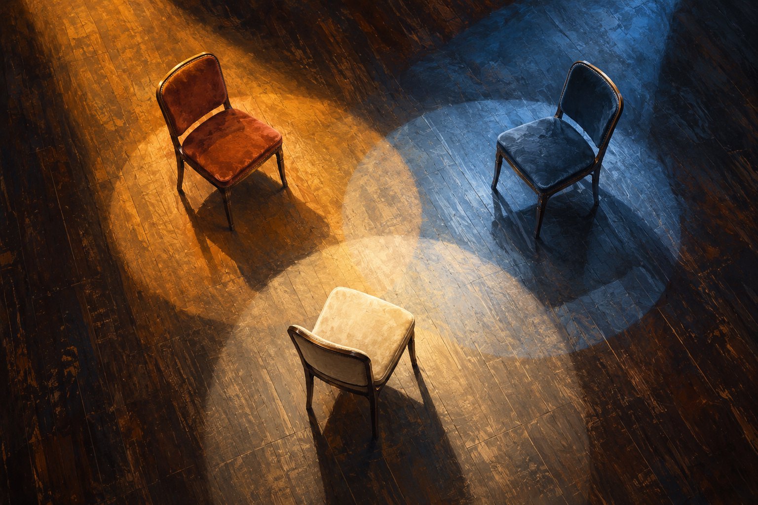 Conceptual illustration of three empty rehearsal chairs arranged in a triangle beneath overlapping amber, blue, and cream stage lights.