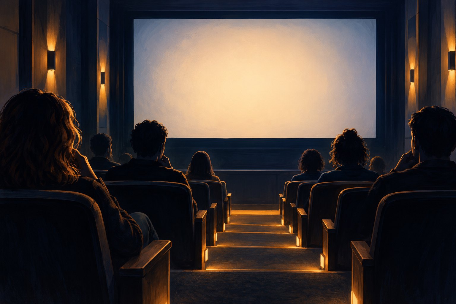 Conceptual illustration of audience members facing a blank illuminated screen in a small university screening room.