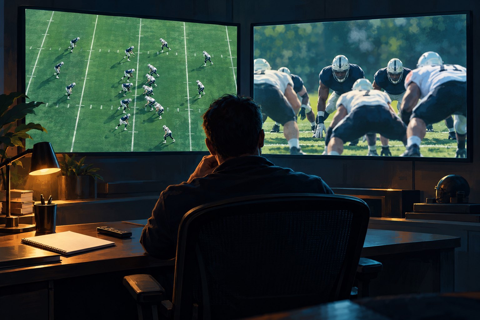 Conceptual illustration of an analyst studying overhead and close-up football views on two screens in a dim room.