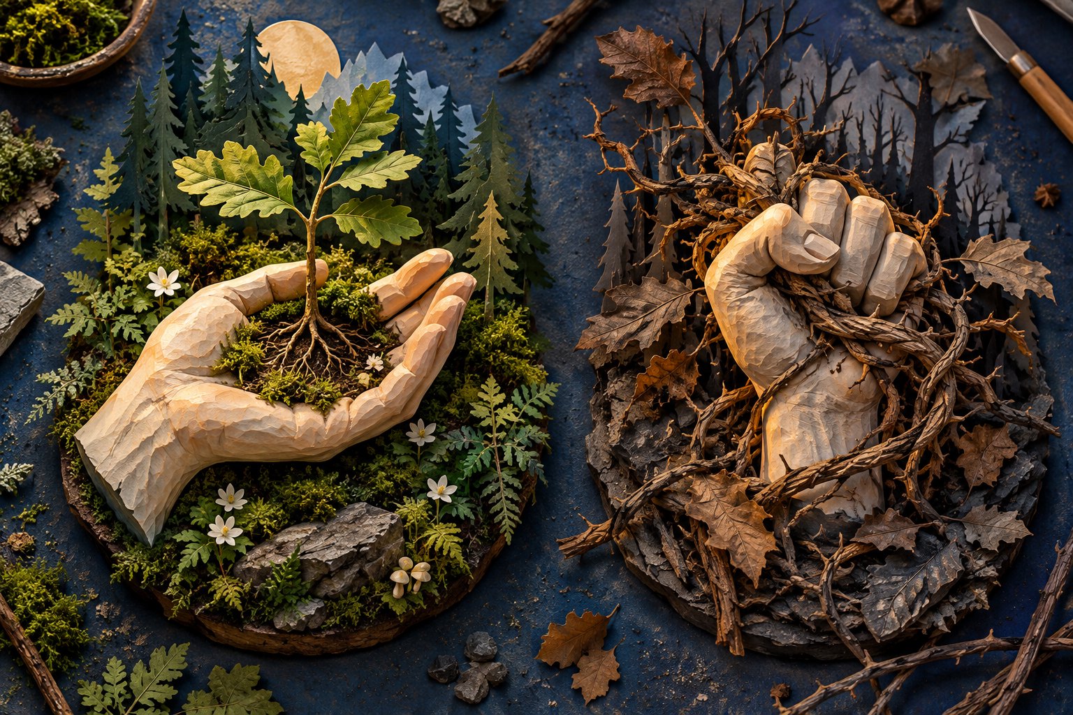 Conceptual illustration contrasting an open wooden hand supporting a living sapling with a closed wooden fist gripping dry vines.