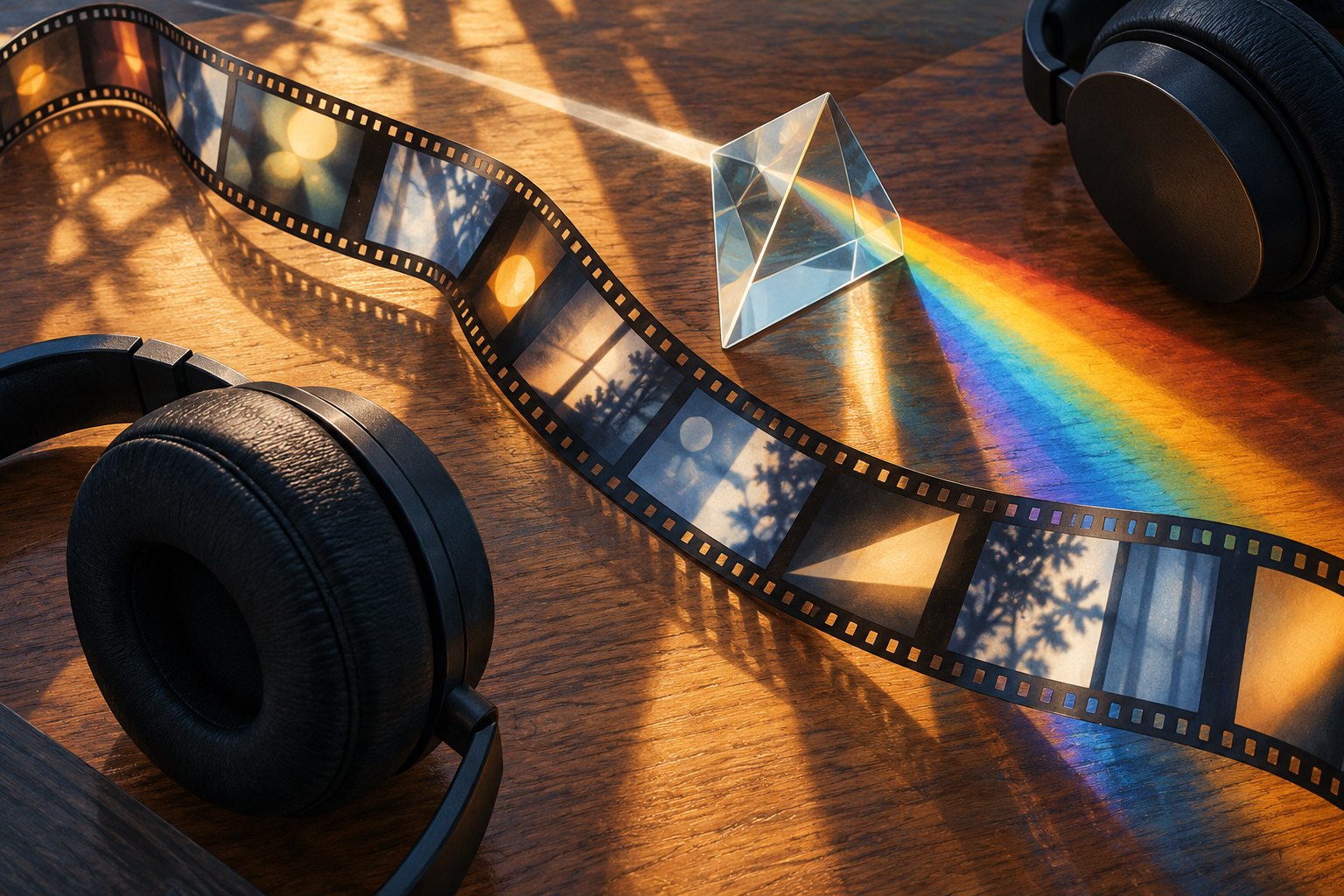 Conceptual illustration of film strips, headphones, and a glass prism casting a rainbow across a wooden desk.