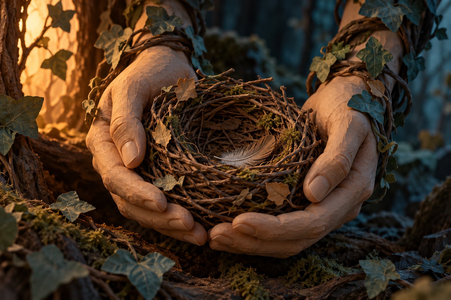 Symbolic illustration of ivy-wrapped hands holding an empty nest with a single feather.