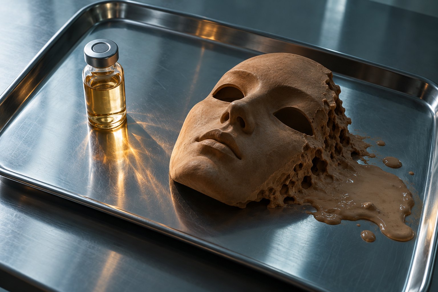 An unmarked vial of amber liquid stands beside a dissolving clay mask on a stainless steel tray.