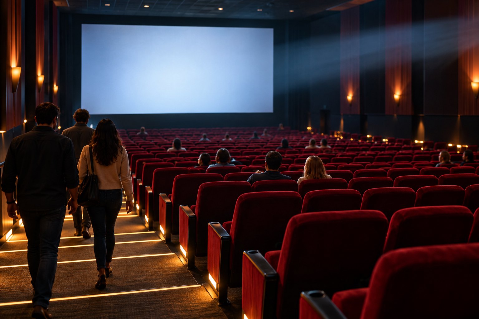 Moviegoers enter a spacious auditorium with scattered spectators, empty red seats, and a softly illuminated blank screen.
