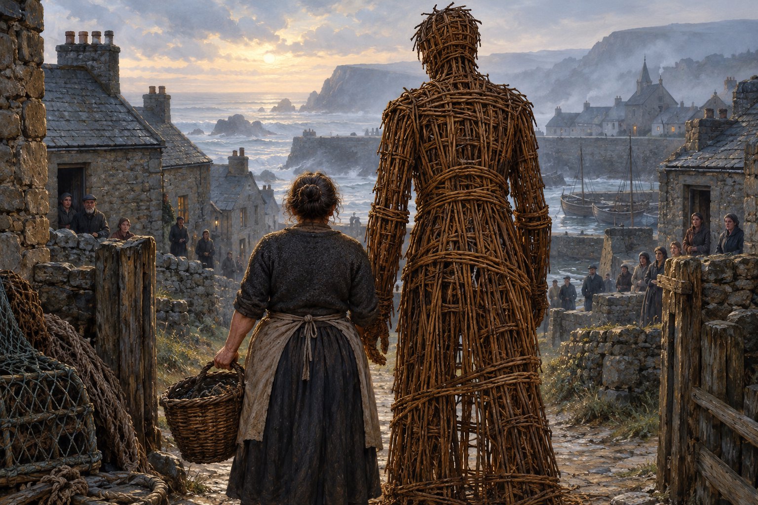 Conceptual illustration of a fisherwoman and a woven willow companion facing a coastal village watched by distant neighbors.