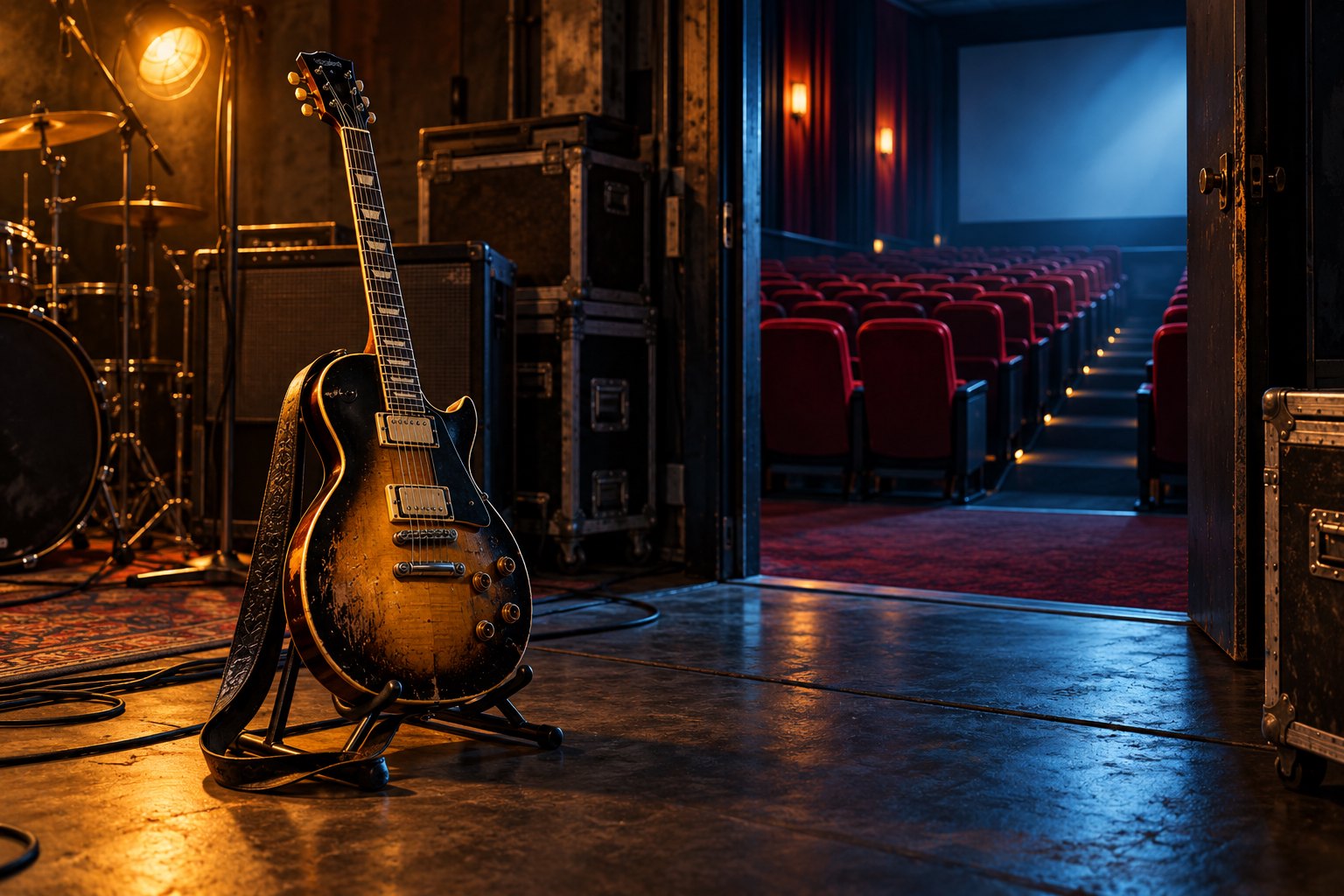 Conceptual illustration of an electric guitar in a dim rehearsal room beside a doorway opening onto red cinema seats.