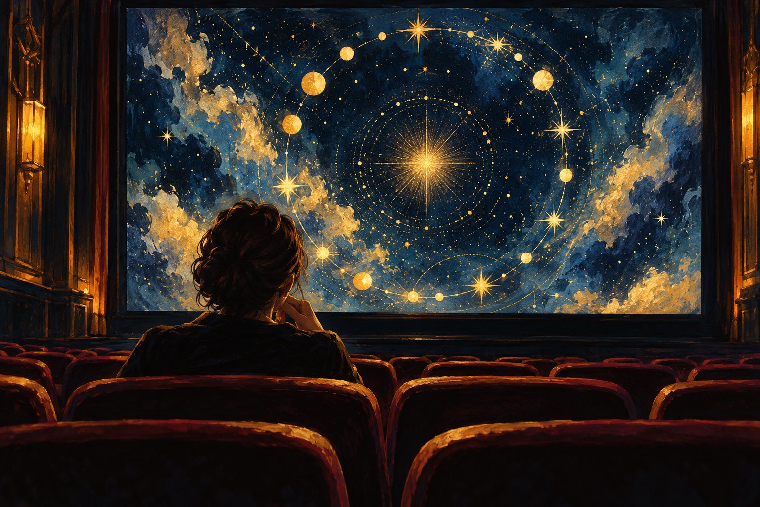 An illustrated moviegoer watches a glowing circle of golden stars on a theater screen.