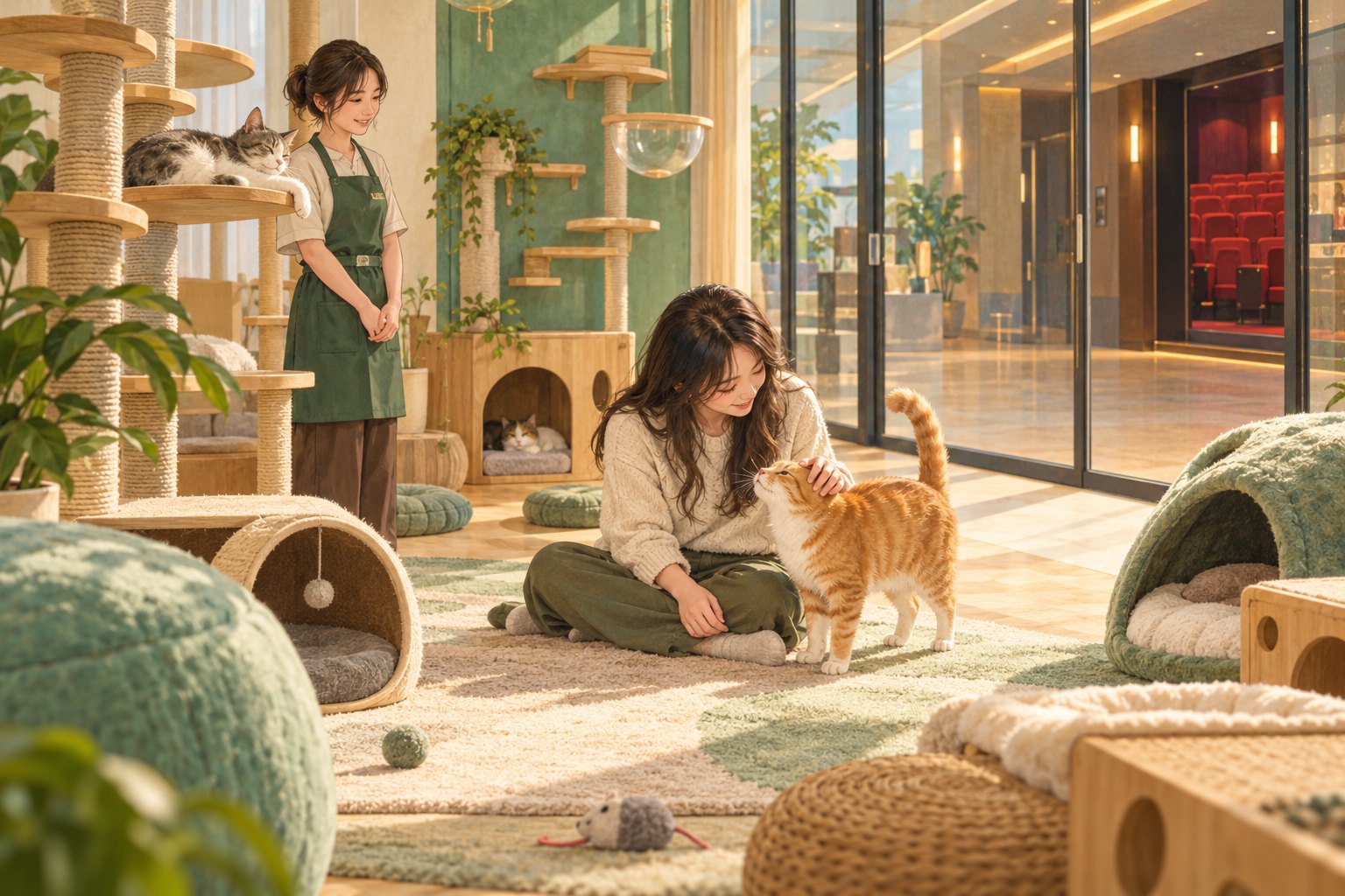 宠物互动空间概念插画:顾客轻抚橘猫,工作人员在旁观察,周围设有猫爬架和休息猫窝
