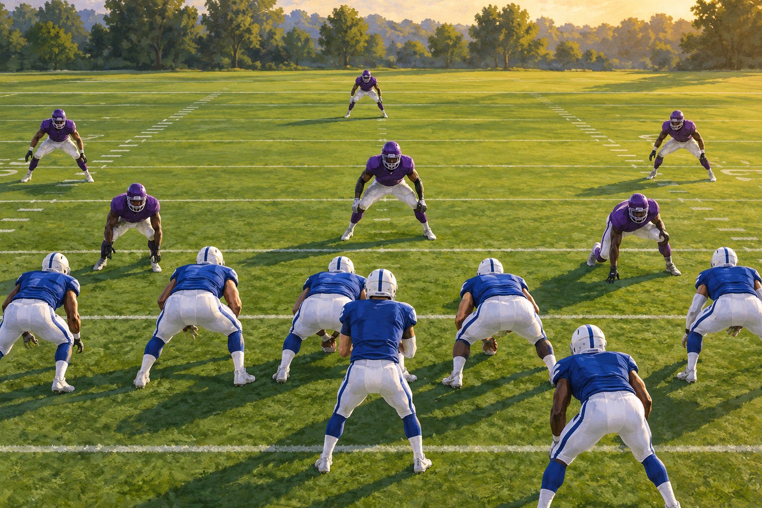 Conceptual illustration of purple-clad defenders studying an opposing blue-and-white formation on a sunlit football field.