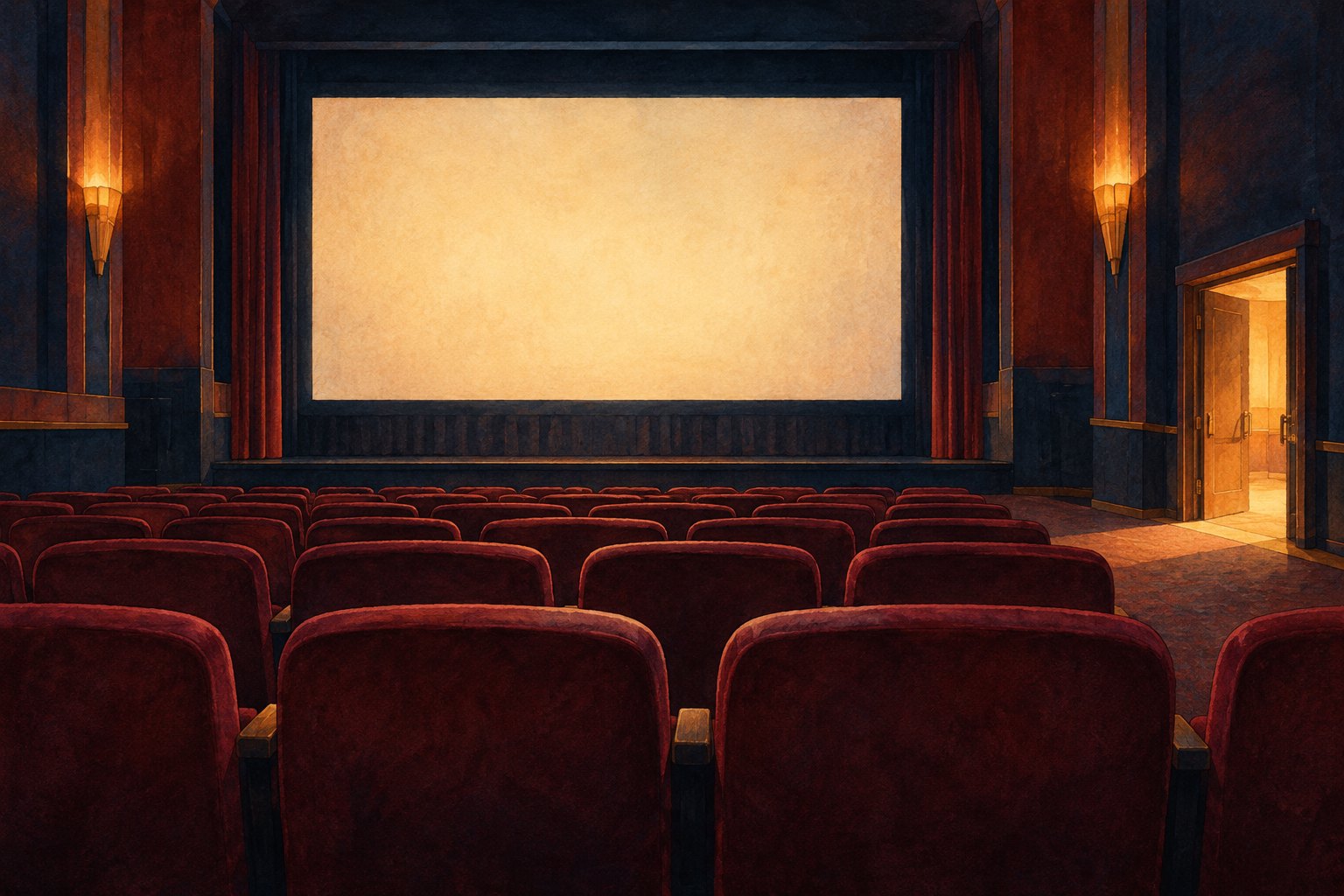 Editorial illustration of an empty movie auditorium with burgundy seats, a blank screen, and warm light entering through an open doorway.