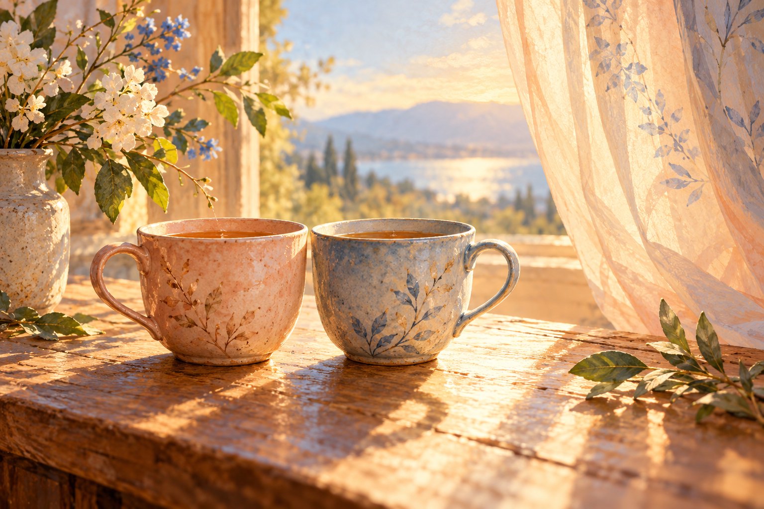 Symbolic illustration of two ceramic cups on a wooden table beside a sunlit curtain.