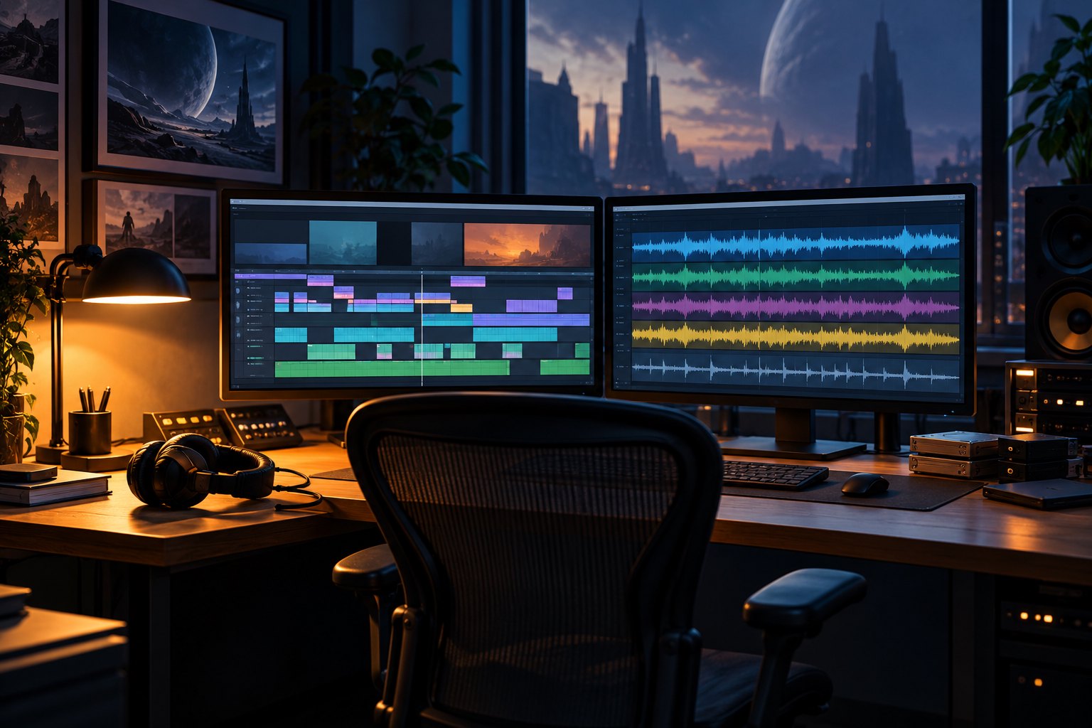 Conceptual illustration of an empty editing studio with abstract timelines on two monitors and headphones on the desk.