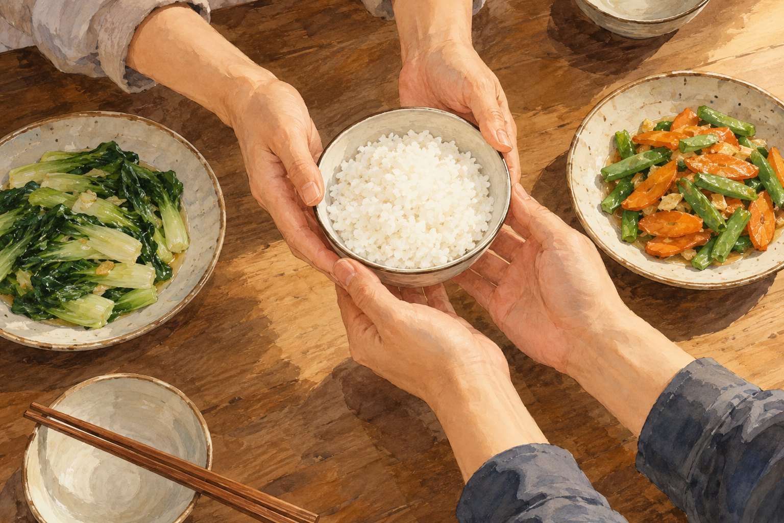 主题插画:家常餐桌上,两双手递接一碗米饭,表现分享与关照