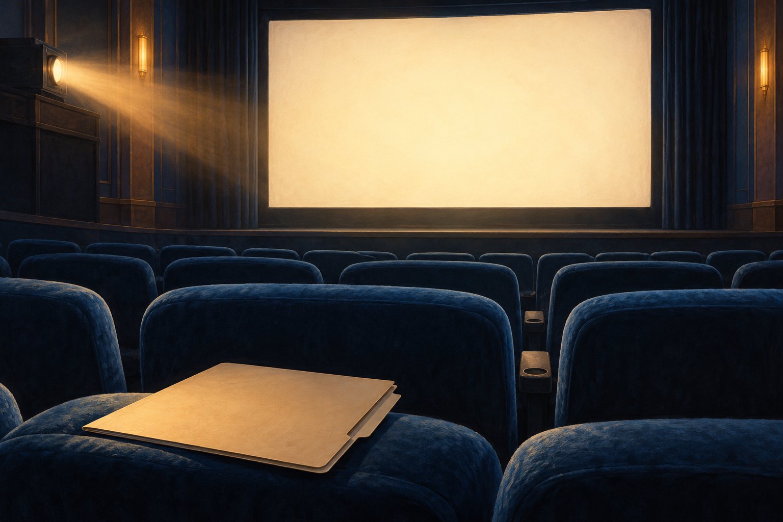 Conceptual illustration of an empty cinema with a blank illuminated screen and an unmarked folder on a foreground seat.