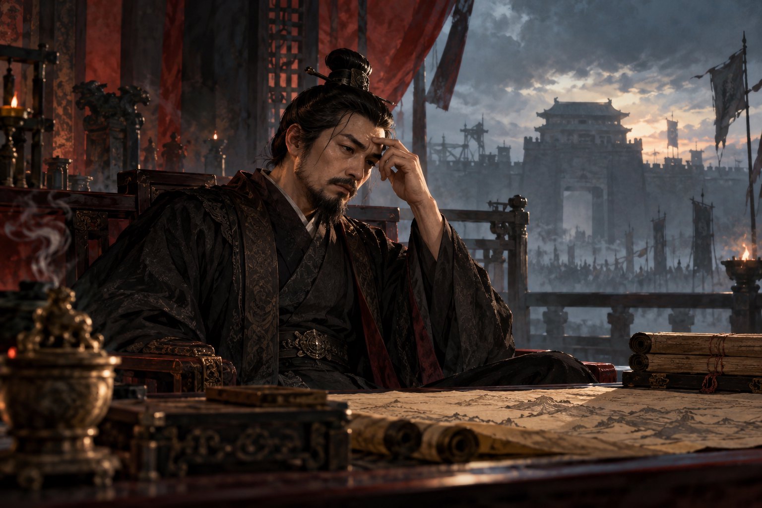 古代厅堂中,一名黑衣谋士轻触额角,远处隐约可见城门的主题想象插画,非影片剧照