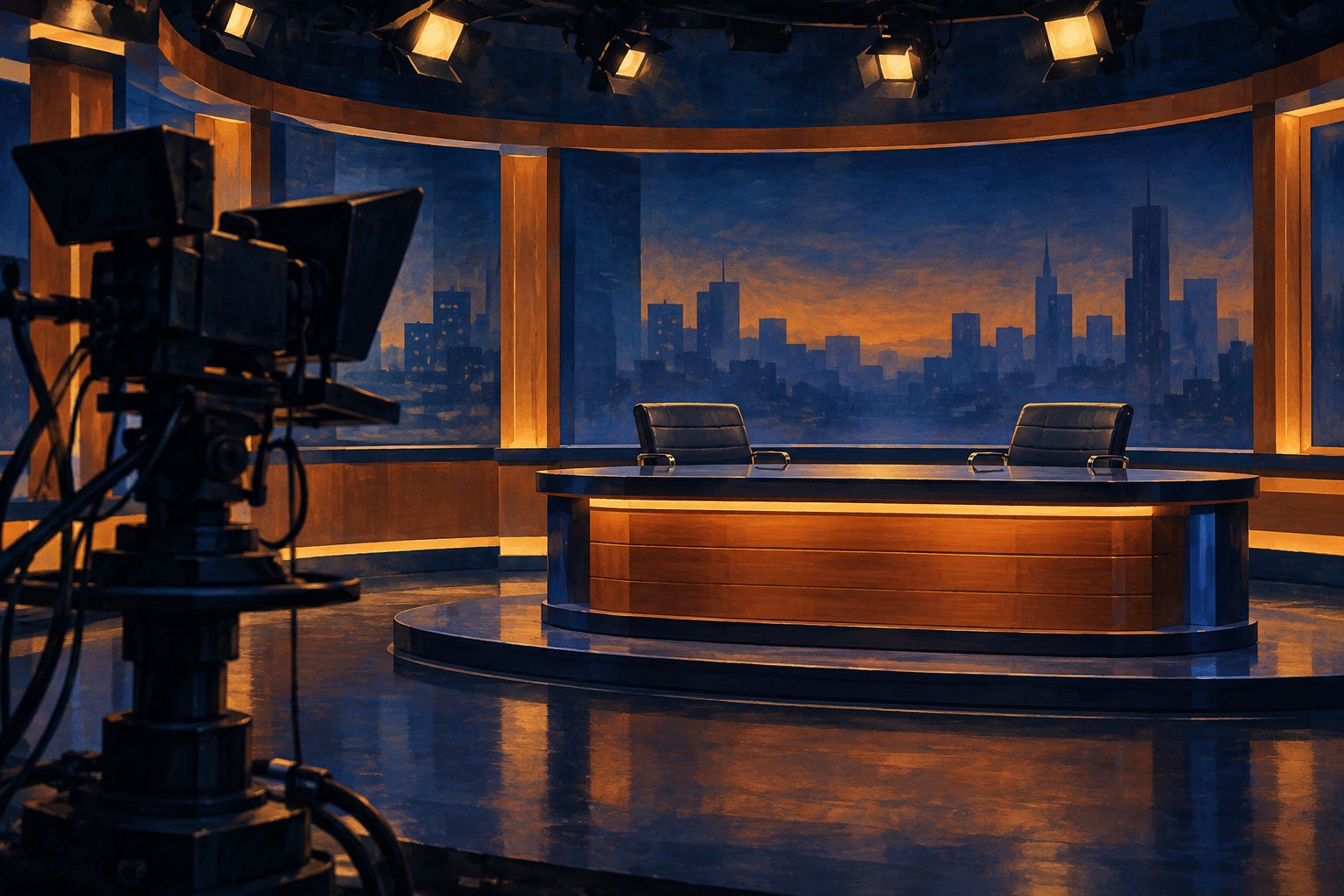 Conceptual illustration of an empty television news desk with two chairs, overhead lights, and a studio camera in the foreground.