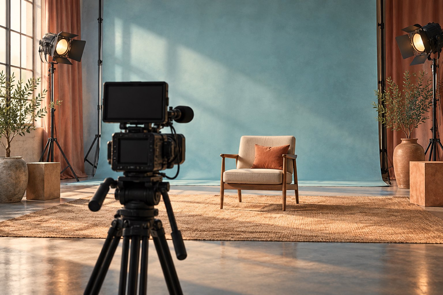 Conceptual illustration of a video camera facing an empty interview chair in a softly lit studio.