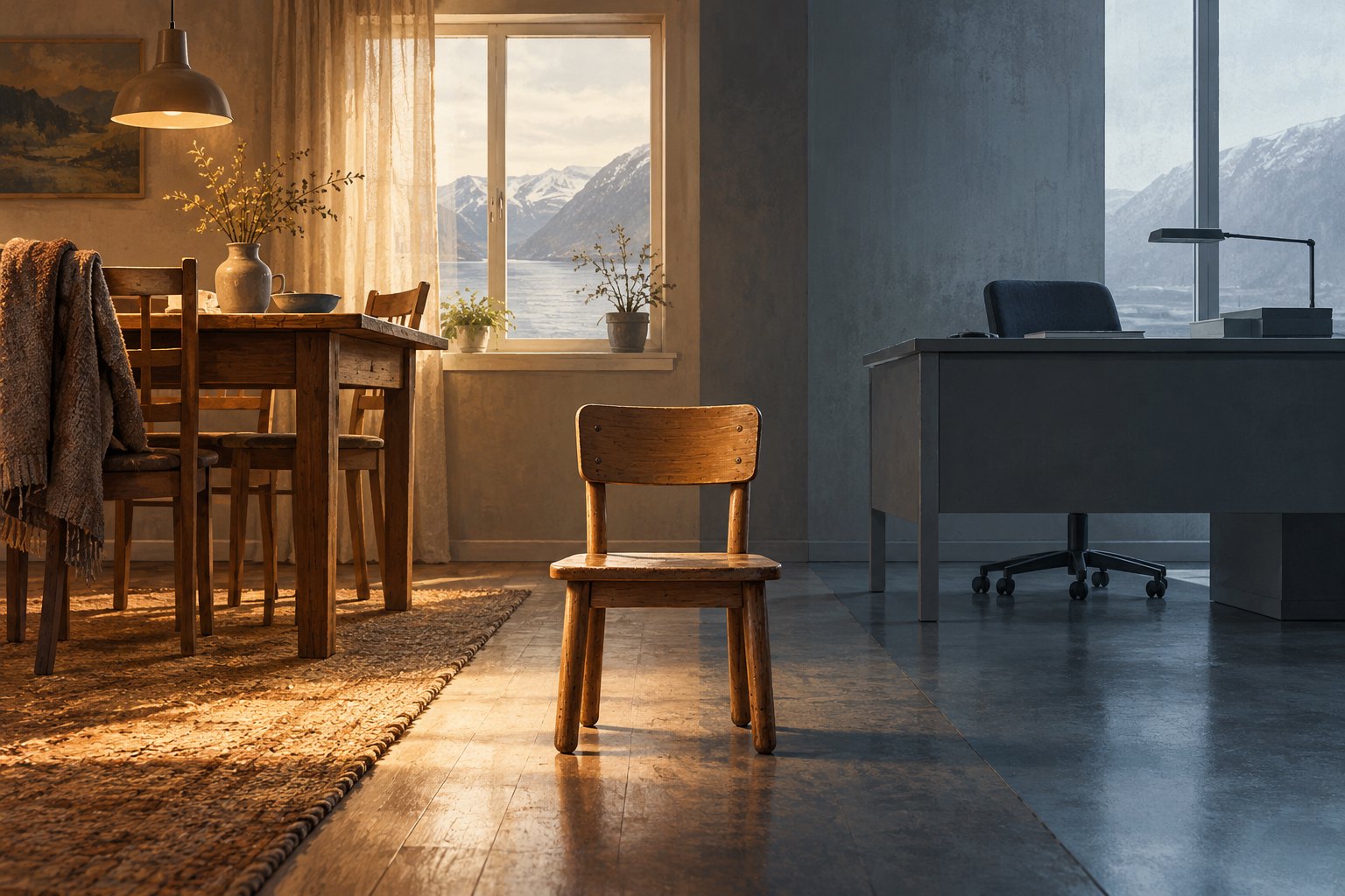 Conceptual illustration of an empty child's chair between a warm family dining table and a cool administrative desk.