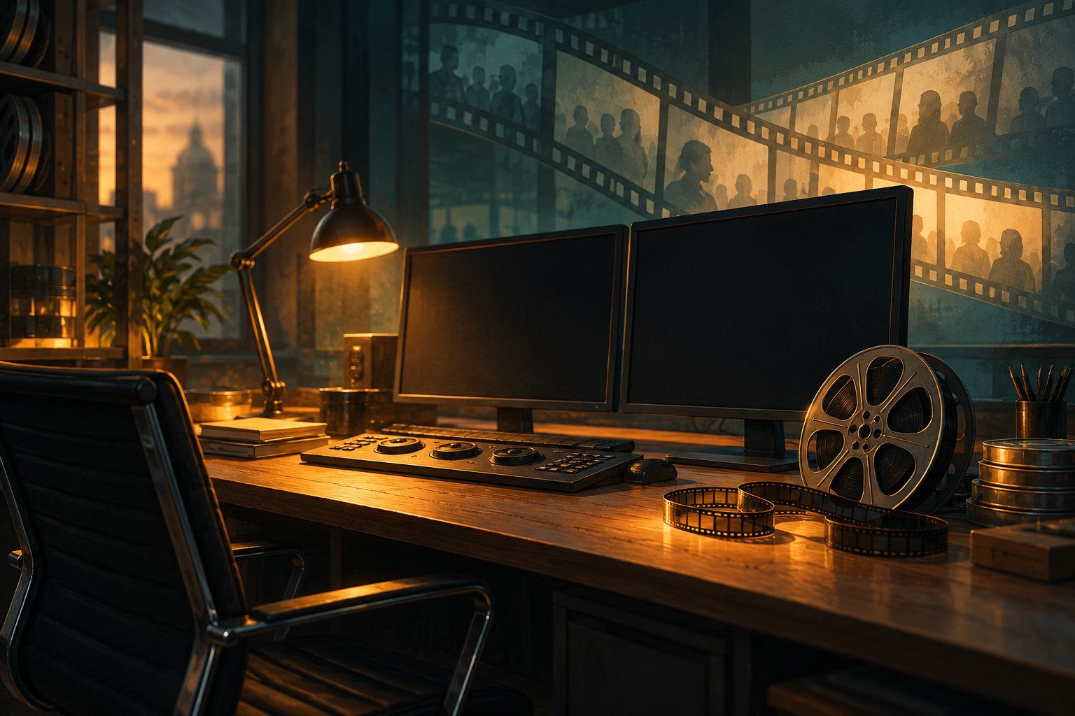 Conceptual illustration of an empty editing desk with dark monitors, a film reel, and a warm desk lamp.