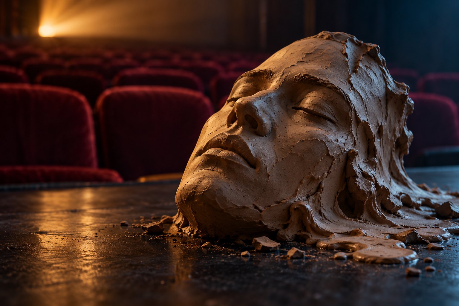 A clay face with crumbling edges rests before blurred burgundy theater seats under amber and blue light.