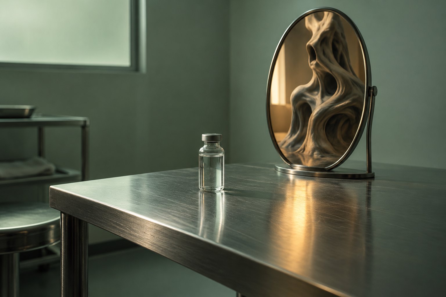 An unlabeled glass vial stands on a steel table beside an oval mirror reflecting a distorted clay sculpture.