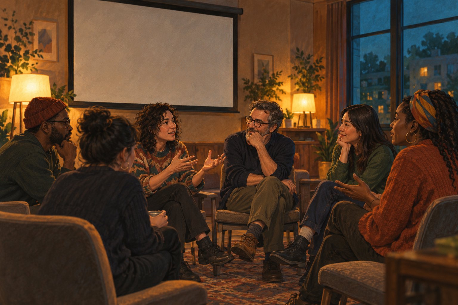 Conceptual illustration of moviegoers discussing a film in a warmly lit community room beneath a blank projection screen.