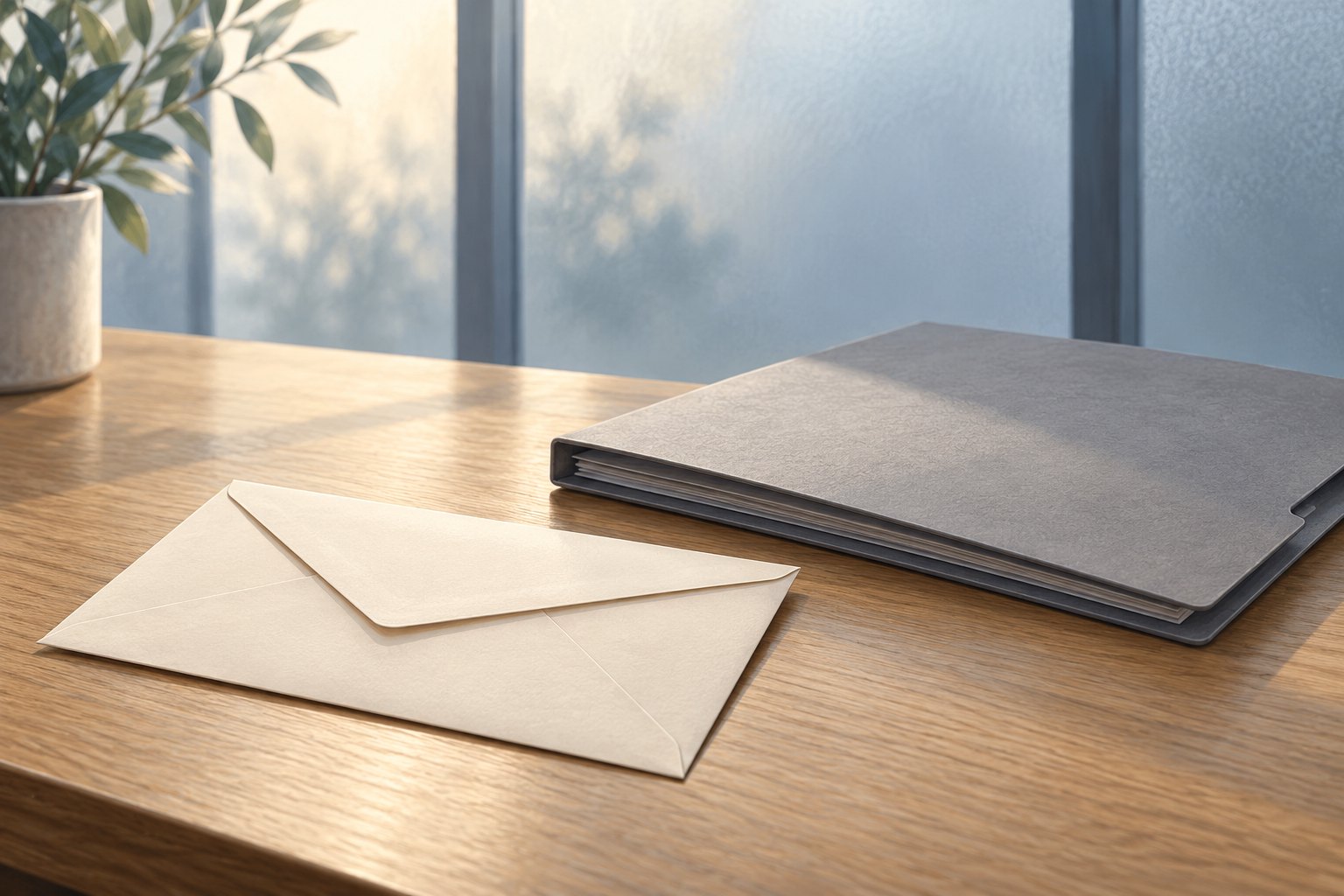 Conceptual illustration of a cream envelope beside a closed gray folder on a sunlit wooden desk.