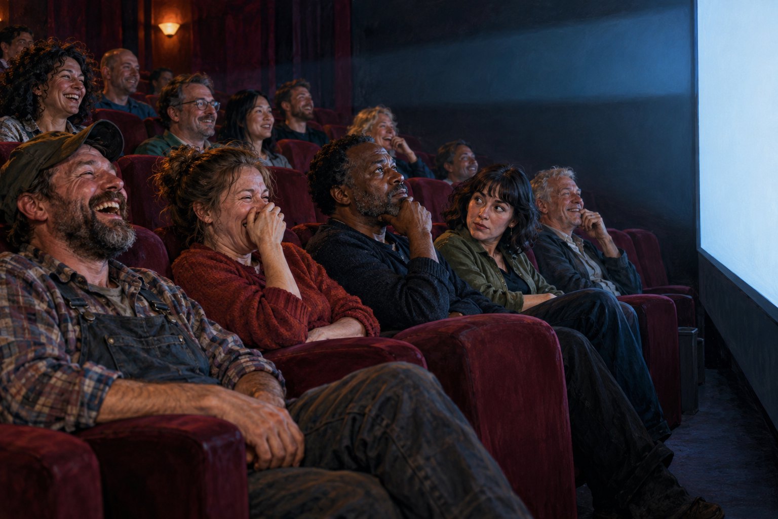 Conceptual illustration of a neighborhood cinema audience responding with laughter, thoughtful expressions, and questioning looks.