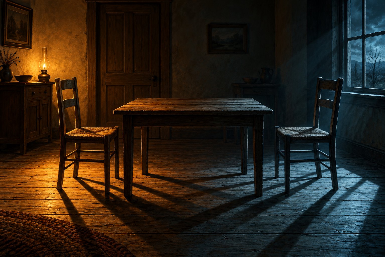 Conceptual illustration of two empty chairs across a wooden table, divided between warm lamplight and cold blue window light.