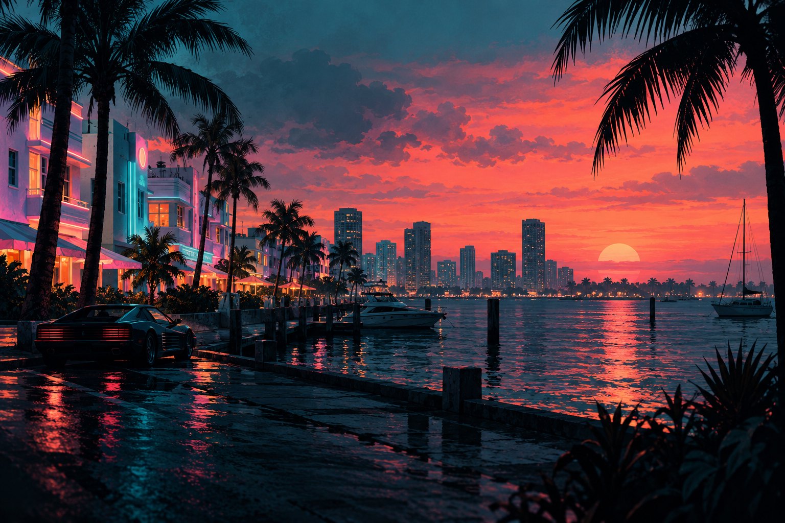 Illustrated Miami-inspired waterfront at sunset with palm trees, pastel buildings, and a dark vintage-style car.