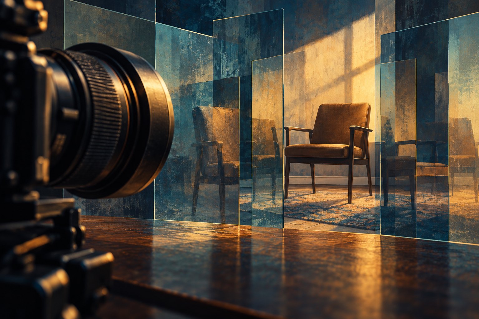 An original conceptual illustration of a camera lens facing an empty interview chair through reflective glass panels.
