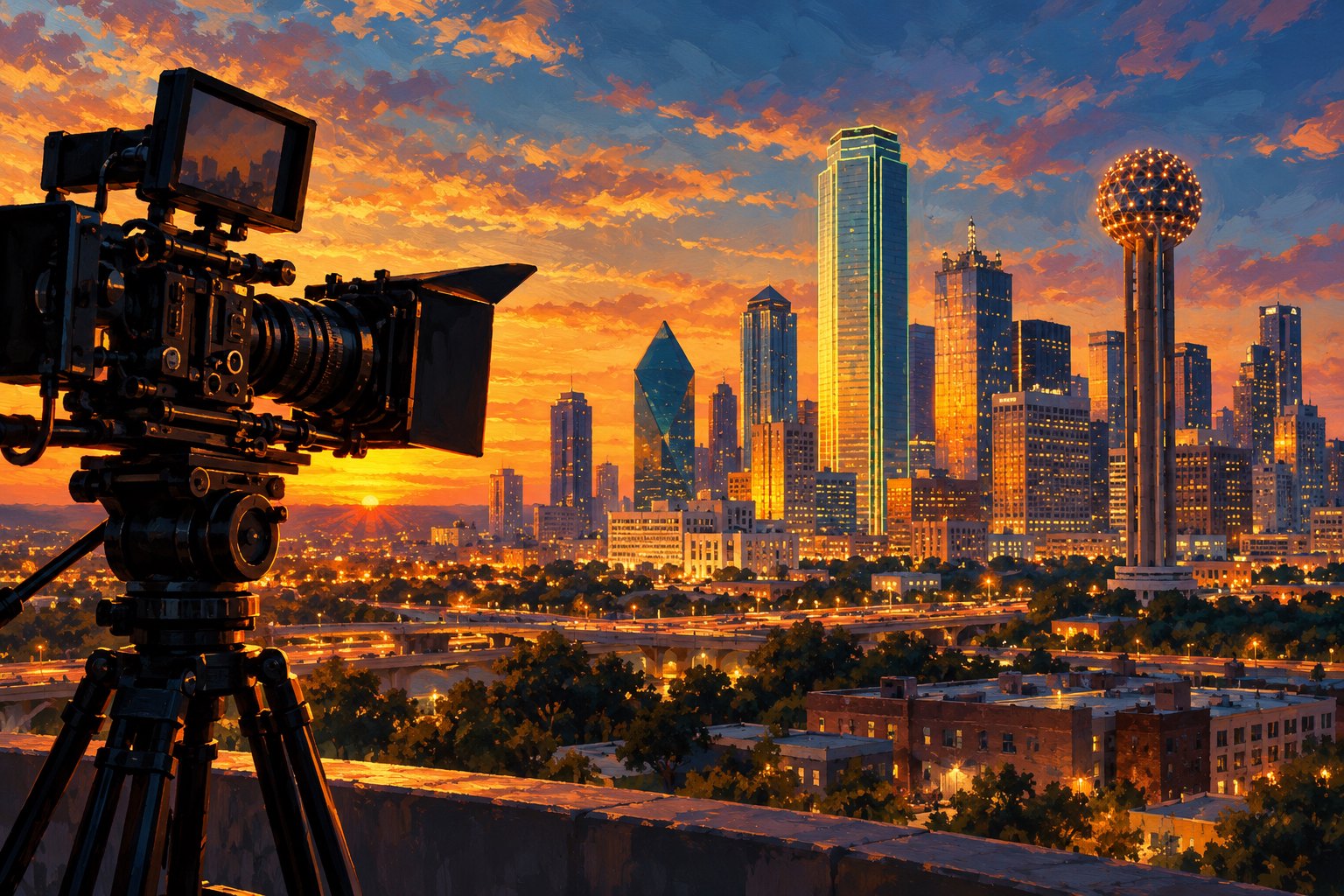 Painterly editorial illustration of a cinema camera overlooking the Dallas skyline at sunset.