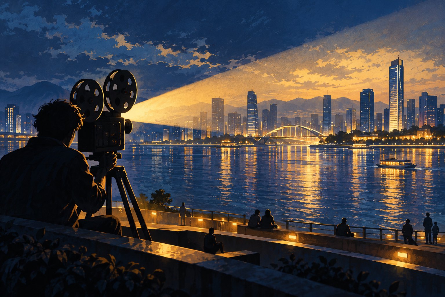 滨水城市夜色中,放映机投出金色光束的电影主题概念插画