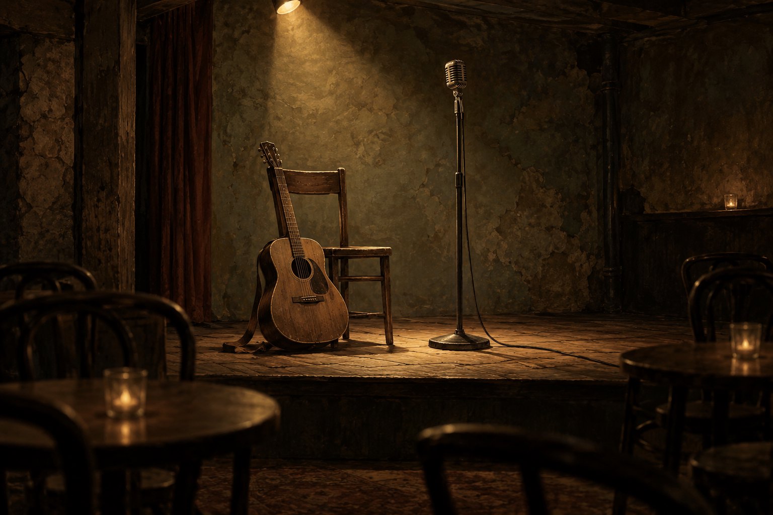Painterly illustration of an acoustic guitar beside a wooden chair and vintage microphone on a warmly lit, empty folk-club stage.