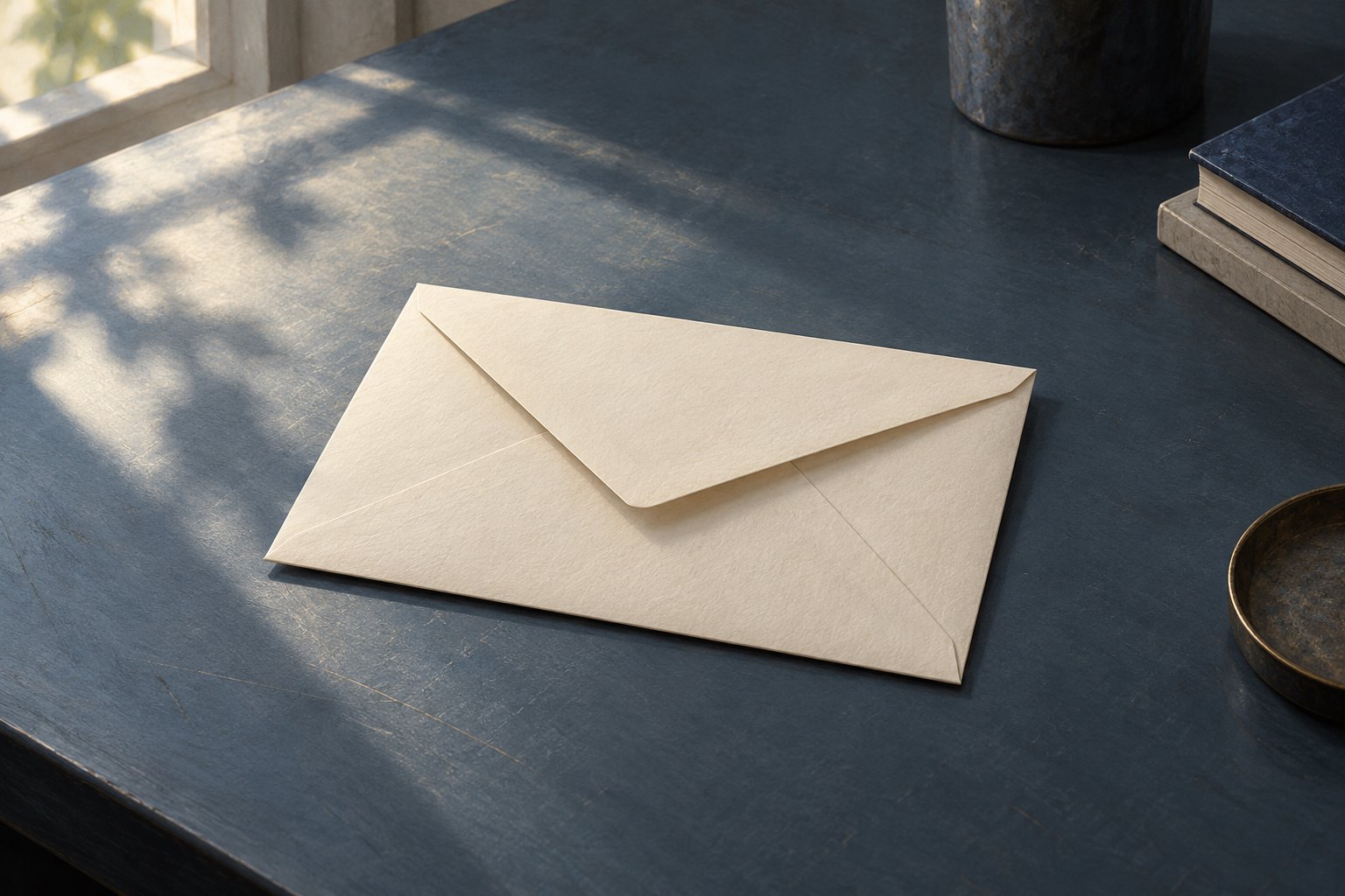 Conceptual illustration of a plain cream envelope on a blue-gray desk in soft window light.