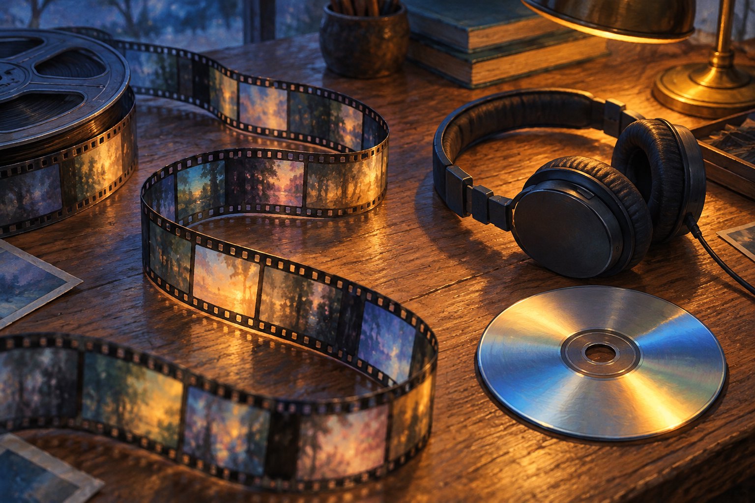 Coiled film strips, headphones, and an unmarked compact disc on a wooden desk under blue and amber light.