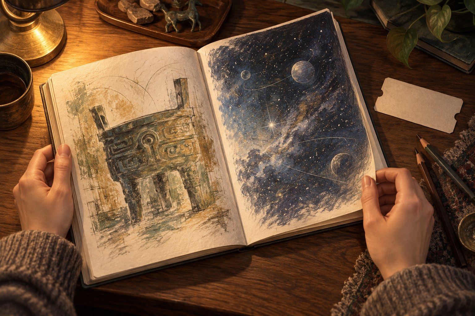 暖灯下双手展开绘有青铜器与星空的素描本,旁边放着空白票形纸片的主题插画,非电影剧照