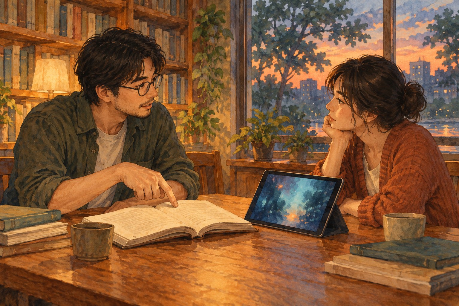 手绘插画中,两位读者在窗边围绕摊开的书交流,桌旁平板映着模糊光影