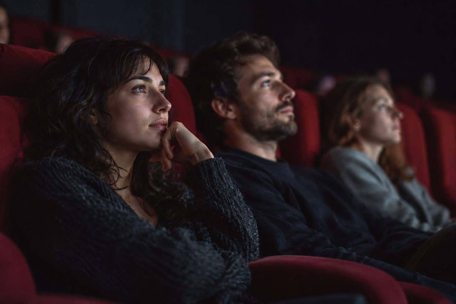 Three audience members watch an unseen movie from red theater seats, their faces illuminated by the screen.
