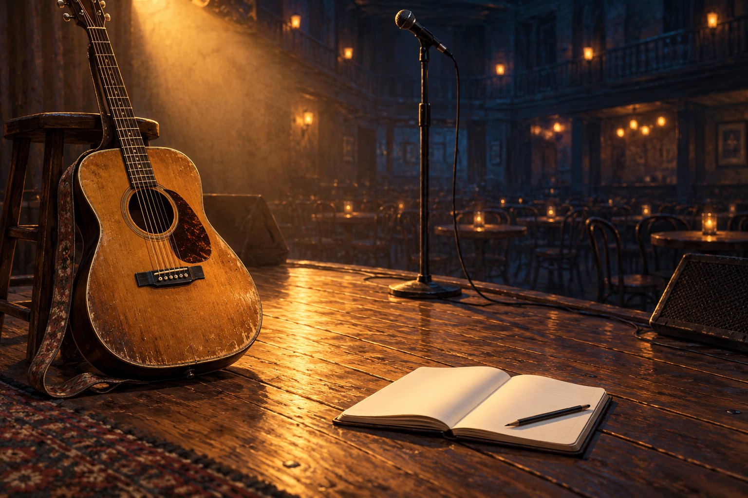An acoustic guitar, open notebook, and microphone on an empty wooden stage lit in warm amber.