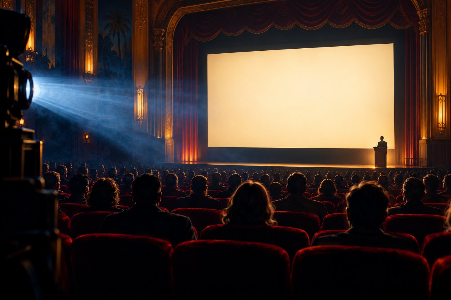 Conceptual illustration of an audience facing a blank illuminated movie screen as a presenter stands beside the stage.