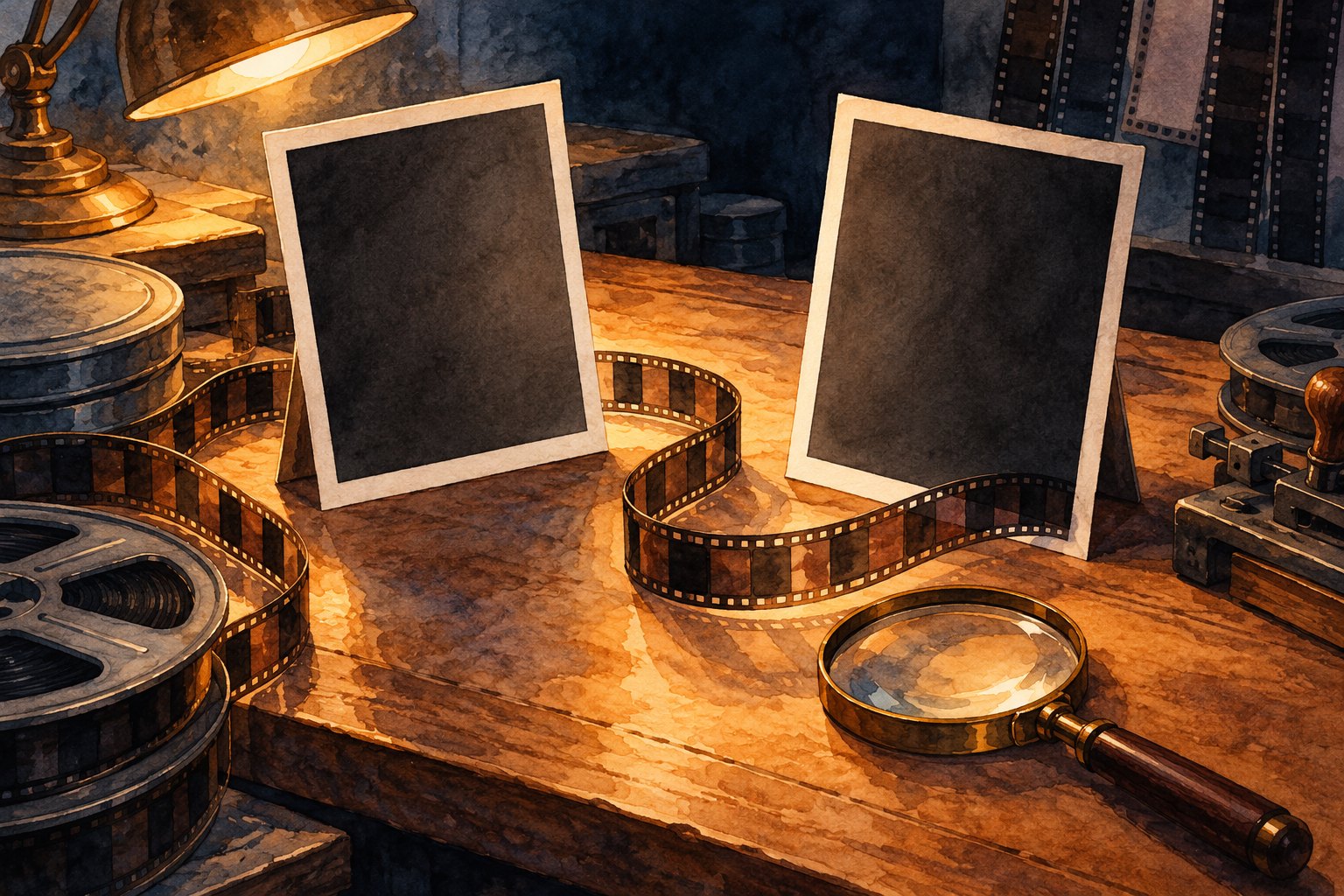 Watercolor illustration of two blank portrait frames, curling film strips, and a magnifying glass on an editing table.