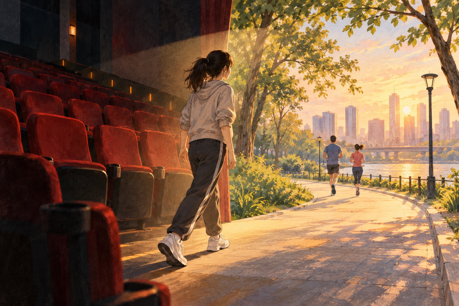 概念插画中,一位观众从影院座椅旁走向阳光下的公园步道,远处有人慢跑