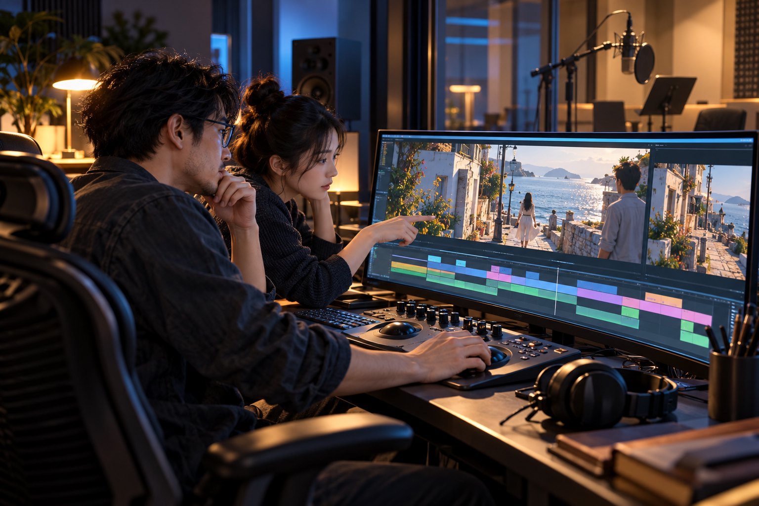 两位后期工作人员在剪辑工作室共同审看片段,旁侧玻璃后设有录音话筒的概念插画