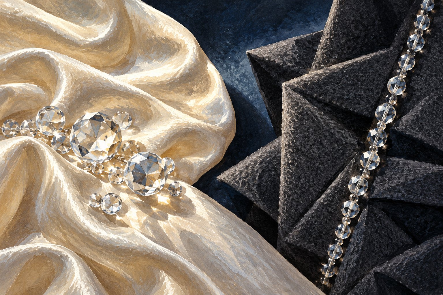 Conceptual illustration contrasting clustered crystals on flowing ivory satin with a line of crystals on folded charcoal fabric.