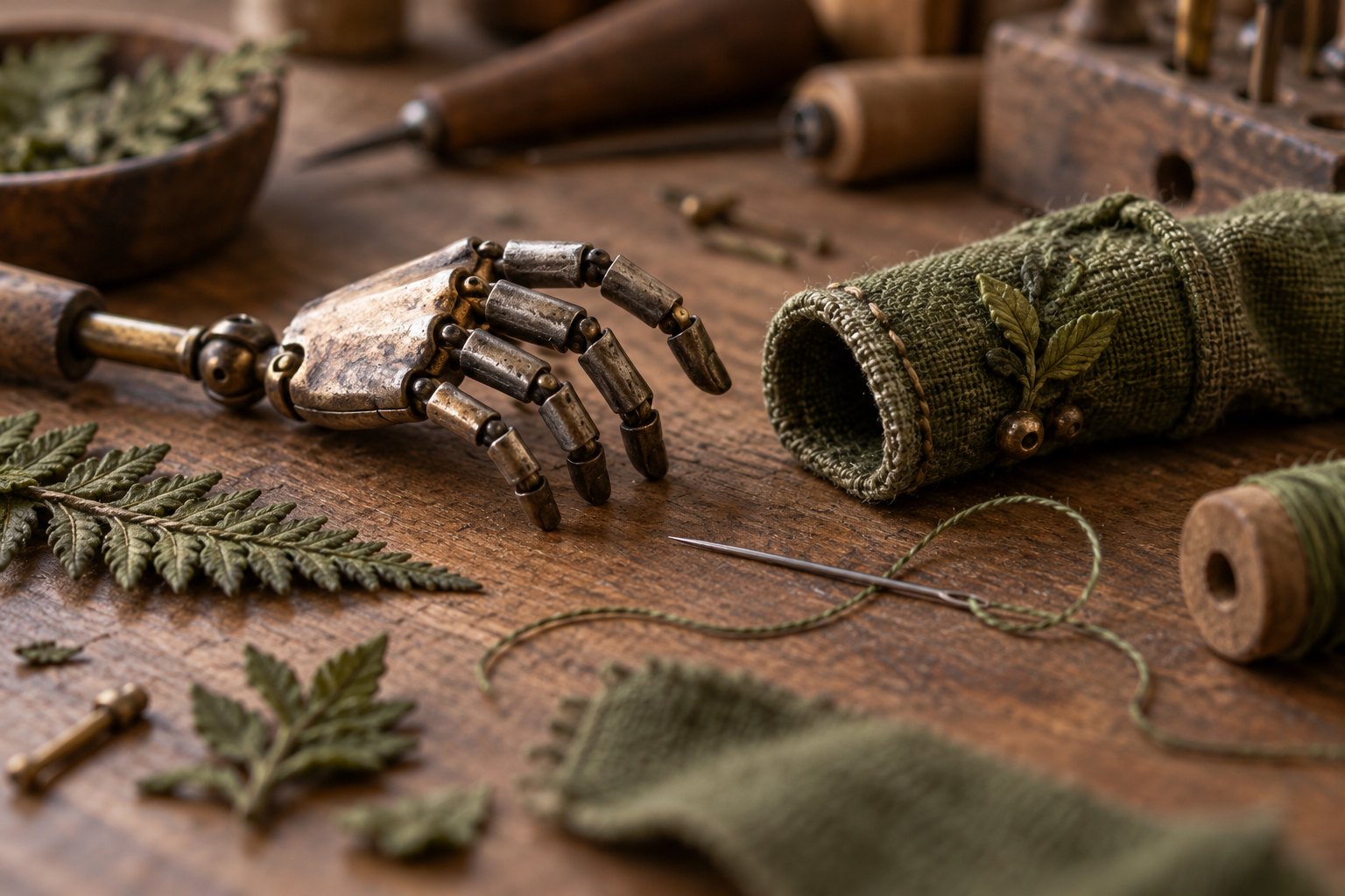 Conceptual illustration of an articulated puppet hand beside a miniature green sleeve, needle, thread, and crafted fern leaves.