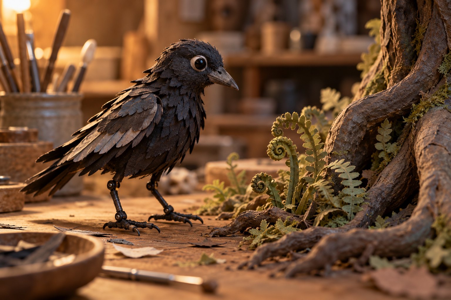 Conceptual illustration of a handmade bird puppet beside miniature ferns and sculpted roots on a workbench.