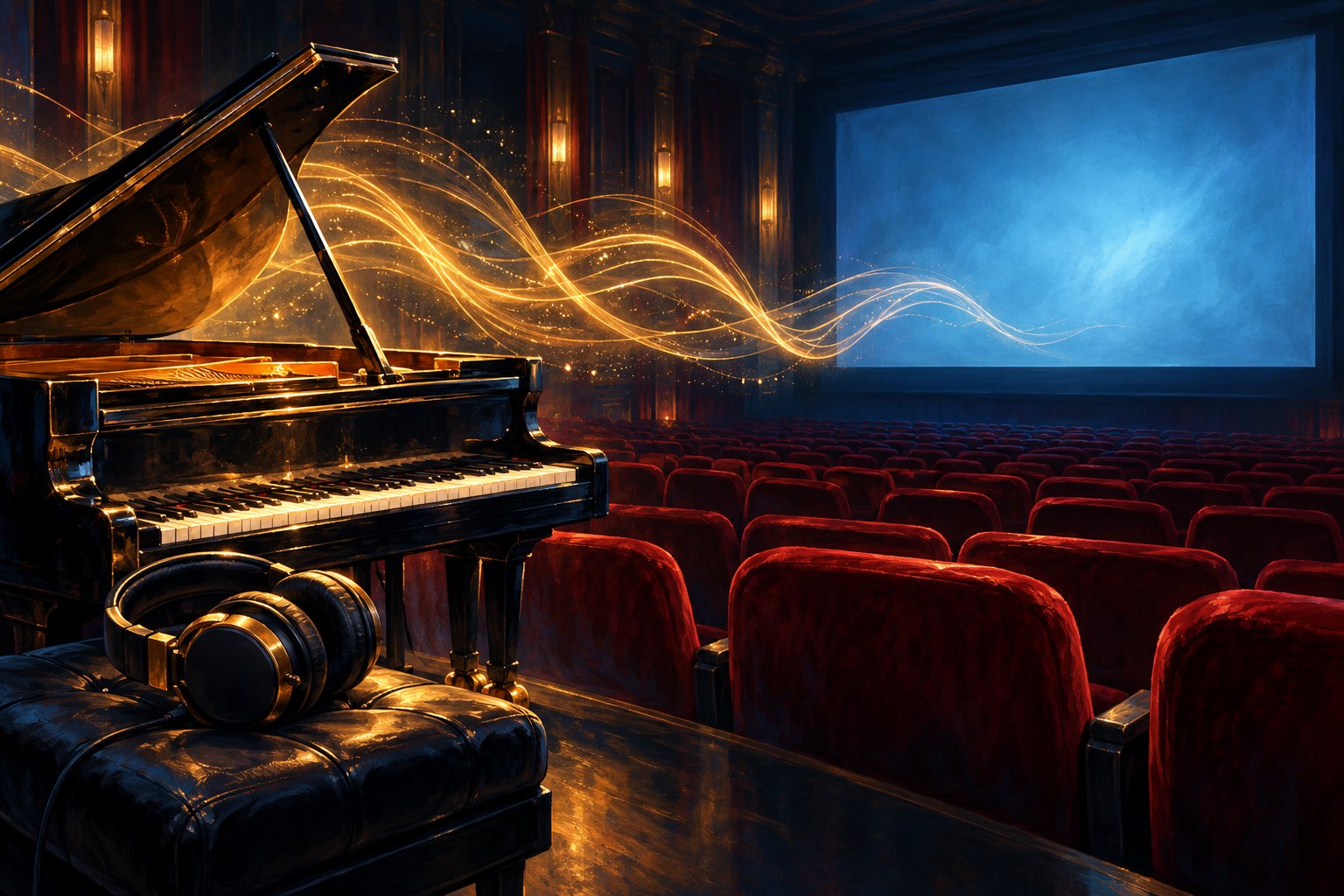 Painterly illustration of a grand piano and headphones in an empty cinema, with golden sound waves flowing toward a blue screen.
