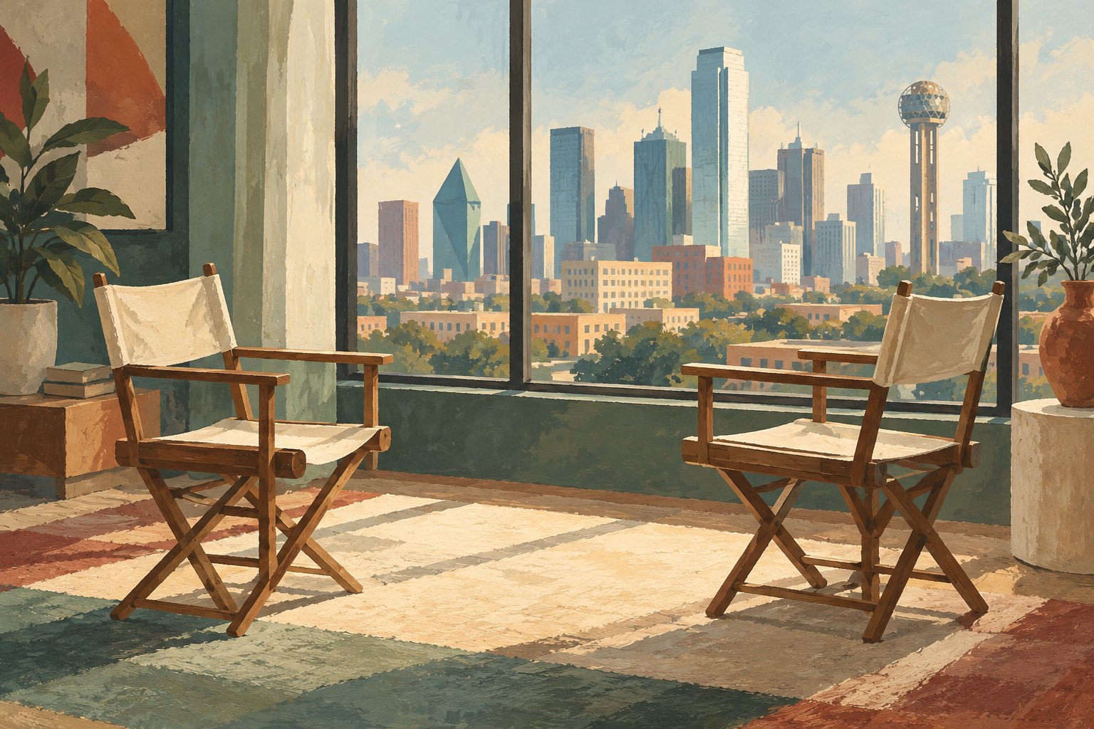 Conceptual illustration of two empty wooden chairs facing each other beside a window overlooking Dallas.