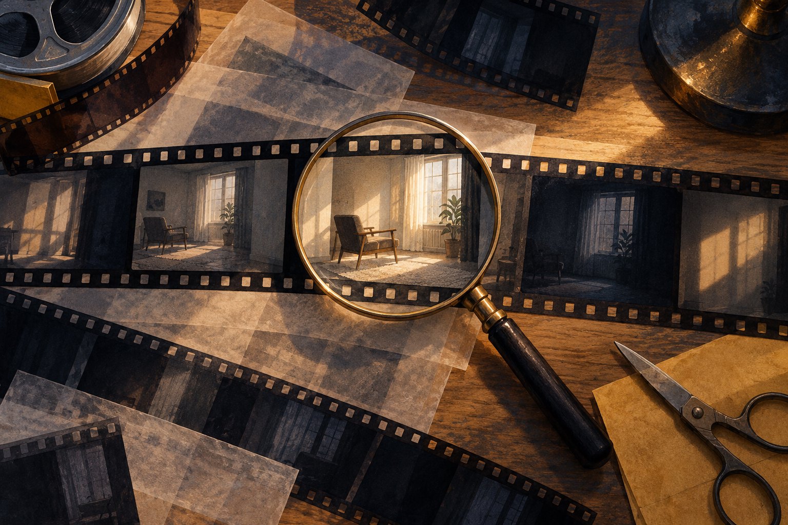 Conceptual illustration of a magnifying glass over film frames showing an empty room on a wooden editing table.